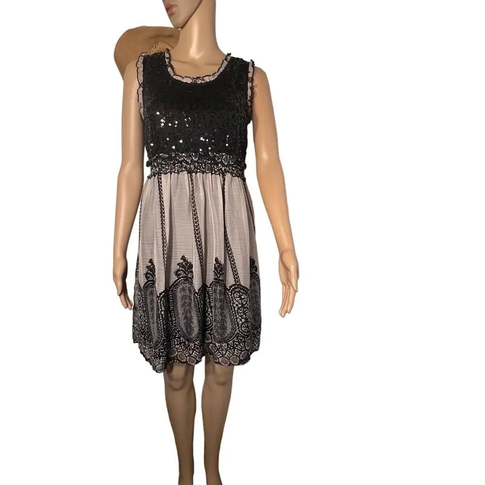 American Rag, S, sequent ruffle lace, smock-waist sleeveless lined mini dress